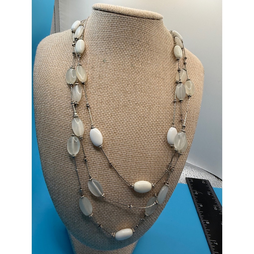 Liz Claiborne‎ LC White Moonstone Bead 3 Strand Tiered Necklace Silver Tone 22"